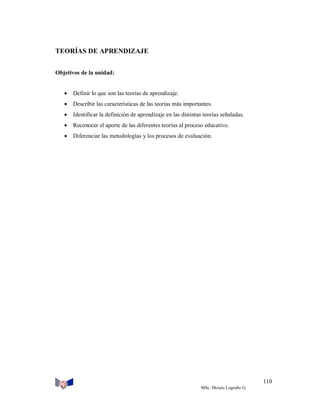 TEORÍAS DE APRENDIZAJE
Objetivos de la unidad:



Definir lo que son las teorías de aprendizaje.



Describir las características de las teorías más importantes.



Identificar la definición de aprendizaje en las distintas teorías señaladas.



Reconocer el aporte de las diferentes teorías al proceso educativo.



Diferenciar las metodologías y los procesos de evaluación.

110
MSc. Moisés Logroño G.

 