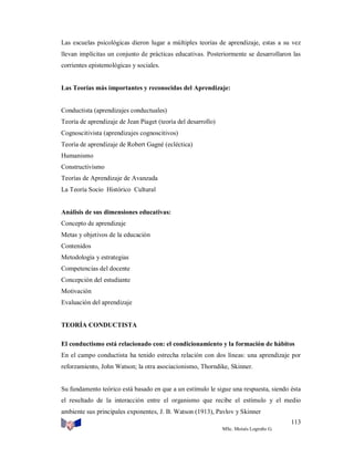 Las escuelas psicológicas dieron lugar a múltiples teorías de aprendizaje, estas a su vez
llevan implícitas un conjunto de prácticas educativas. Posteriormente se desarrollaron las
corrientes epistemológicas y sociales.

Las Teorías más importantes y reconocidas del Aprendizaje:

Conductista (aprendizajes conductuales)
Teoría de aprendizaje de Jean Piaget (teoría del desarrollo)
Cognoscitivista (aprendizajes cognoscitivos)
Teoría de aprendizaje de Robert Gagné (ecléctica)
Humanismo
Constructivismo
Teorías de Aprendizaje de Avanzada
La Teoría Socio Histórico Cultural

Análisis de sus dimensiones educativas:
Concepto de aprendizaje
Metas y objetivos de la educación
Contenidos
Metodología y estrategias
Competencias del docente
Concepción del estudiante
Motivación
Evaluación del aprendizaje

TEORÍA CONDUCTISTA
El conductismo está relacionado con: el condicionamiento y la formación de hábitos
En el campo conductista ha tenido estrecha relación con dos líneas: una aprendizaje por
reforzamiento, John Watson; la otra asociacionismo, Thorndike, Skinner.

Su fundamento teórico está basado en que a un estímulo le sigue una respuesta, siendo ésta
el resultado de la interacción entre el organismo que recibe el estímulo y el medio
ambiente sus principales exponentes, J. B. Watson (1913), Pavlov y Skinner
113
MSc. Moisés Logroño G.

 