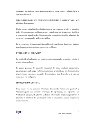 empiezan a interiorizarse como acciones mentales u operacionales, evolución hacia la
representación teatral.

TERCER PERIODO DE LAS OPERACIONES FORMALES O ABSTRACTAS (11 a 15
años) tiene 2 subperíodos.

El niño empieza más allá de la realidad es capaz de usar conceptos verbales en reemplazo
de los objetos concretos y establece relaciones entiende y aprecia abstracciones simbólicas
y conceptos de segundo orden. Piaget denomina pensamiento hipotético educativo, las
operaciones mentales de los adolescentes adultos.

En las operaciones formales se parte de una hipótesis para alcanzar deducciones lógicas y
creación de un conjunto abstracto para resolver problemas.

UTILIDAD EN LA EDUCACIÓN

Ha contribuido a la educación con principios valiosos que ayudan al maestro a orientar el
proceso interaprendizaje.

Da pautas generales del desarrollo intelectual del niño, señalando características
específicas para cada etapa evolutiva, relacionando el aprendizaje con la maduración,
proporcionando mecanismos especiales de estimulación para desarrollar el proceso de
maduración y la inteligencia.

TEORÍA COGNOSCITIVISTA

Tiene raíces en las corrientes filosóficas denominadas “relativismo positivo” y
“fenomenologías”; esta corriente psicológica del aprendizaje, sus exponentes son
Wertheirmer, Kohler, Koffa y Lewin, se aboca al estudio de los procesos cognoscitivos, el
desarrollo de esta teoría fue una reacción contra el conductismo, rechaza conceptos de
condicionamiento.

122
MSc. Moisés Logroño G.

 