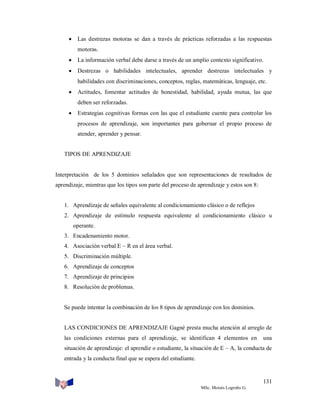  Las destrezas motoras se dan a través de prácticas reforzadas a las respuestas
motoras.
 La información verbal debe darse a través de un amplio contexto significativo.
 Destrezas o habilidades intelectuales, aprender destrezas intelectuales y
habilidades con discriminaciones, conceptos, reglas, matemáticas, lenguaje, etc.
 Actitudes, fomentar actitudes de honestidad, habilidad, ayuda mutua, las que
deben ser reforzadas.
 Estrategias cognitivas formas con las que el estudiante cuente para controlar los
procesos de aprendizaje, son importantes para gobernar el propio proceso de
atender, aprender y pensar.

TIPOS DE APRENDIZAJE

Interpretación de los 5 dominios señalados que son representaciones de resultados de
aprendizaje, mientras que los tipos son parte del proceso de aprendizaje y estos son 8:

1. Aprendizaje de señales equivalente al condicionamiento clásico o de reflejos
2. Aprendizaje de estímulo respuesta equivalente al condicionamiento clásico u
operante.
3. Encadenamiento motor.
4. Asociación verbal E – R en el área verbal.
5. Discriminación múltiple.
6. Aprendizaje de conceptos
7. Aprendizaje de principios
8. Resolución de problemas.

Se puede intentar la combinación de los 8 tipos de aprendizaje con los dominios.

LAS CONDICIONES DE APRENDIZAJE Gagné presta mucha atención al arreglo de
las condiciones externas para el aprendizaje, se identifican 4 elementos en

una

situación de aprendizaje: el aprendiz o estudiante, la situación de E – A, la conducta de
entrada y la conducta final que se espera del estudiante.

131
MSc. Moisés Logroño G.

 