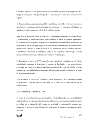 Constituye esto uno de los aportes esenciales de la teoría de aprendizaje de proceso. Ya.
Galperin, investigada y enriquecida por N. F. Talizaina; en su aplicación a la educación
superior.

Es fundamental que cada asignatura elabore su tabla de contenidos en la cual se precisen
las relaciones existentes entre el sistema de conocimientos y el sistema de habilidades, ya
sean lógicos intelectuales, específicos de la profesión u otras.

A partir de la determinación de las relaciones existentes entre el sistema de conocimientos
y de habilidades; y teniendo en cuenta, como referimos al inicio, la lógica de la profesión,
de la ciencia de la disciplina y del proceso de aprendizaje al determinar las necesidades de
enseñanza no así las de aprendizaje, no es conveniente la introducción de conocimientos
nuevos hasta tanto no se cierre el ciclo de las actividades previas docentes previstas.
Considérense como ciclos de aprendizaje dentro de una asignatura o estancia (que a su vez
lo son) los temas o unidades, subtemas, subestancias, pasantías, etc.

E. Rodríguez, a partir de 1.990 desarrollo una experiencia pedagógica y un trabajo
metodológico orientado a determinar el sistema de habilidades y de conocimientos
esenciales, que permitieran la coordinación e integración de los contenidos de las ciencias
básicas y de especialidad y la estructuración del proceso de aprendizaje basado en la teoría
de la actividad de estudio.

En la actualidad se vincula esta experiencia, en las asignaturas, con el aprendizaje basado
en problemas y algunos aspectos relevantes de la teoría de la comunicación que la
complementan.

LA TEORÍA DE LA COMUNICACIÓN

El modo de actuación profesional en la práctica esta condicionado por personalidad del
profesional, que se expresa por la interacción del mismo, como sujeto con su objeto-sujeto
de trabajo en el desarrollo del proceso de actividad y comunicación humana, que
caracteriza el proceso de atención integral y la dirección de los procesos productivos y los
servicios.
172
MSc. Moisés Logroño G.

 