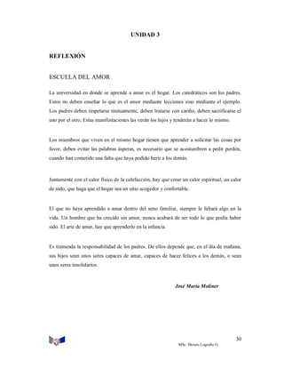 UNIDAD 3

REFLEXIÓN

ESCUELA DEL AMOR
La universidad en donde se aprende a amar es el hogar. Los catedráticos son los padres.
Estos no deben enseñar lo que es el amor mediante lecciones sino mediante el ejemplo.
Los padres deben respetarse mutuamente, deben tratarse con cariño, deben sacrificarse el
uno por el otro. Estas manifestaciones las verán los hijos y tenderán a hacer lo mismo.

Los miembros que viven en el mismo hogar tienen que aprender a solicitar las cosas por
favor, deben evitar las palabras ásperas, es necesario que se acostumbren a pedir perdón,
cuando han cometido una falta que haya podido herir a los demás.

Juntamente con el calor físico de la calefacción, hay que crear un calor espiritual, un calor
de nido, que haga que el hogar sea un sitio acogedor y confortable.

El que no haya aprendido a amar dentro del seno familiar, siempre le faltará algo en la
vida. Un hombre que ha crecido sin amor, nunca acabará de ser todo lo que podía haber
sido. El arte de amar, hay que aprenderlo en la infancia.

Es tremenda la responsabilidad de los padres. De ellos depende que, en el día de mañana,
sus hijos sean unos seres capaces de amar, capaces de hacer felices a los demás, o sean
unos seres insolidarios.

José María Moliner

30
MSc. Moisés Logroño G.

 