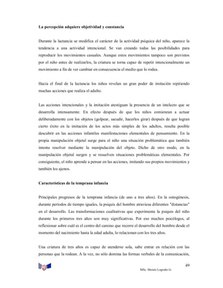 La percepción adquiere objetividad y constancia

Durante la lactancia se modifica el carácter de la actividad psíquica del niño, aparece la
tendencia a una actividad intencional. Se van creando todas las posibilidades para
reproducir los movimientos casuales. Aunque estos movimientos tampoco son previstos
por el niño antes de realizarlos, la criatura se torna capaz de repetir intencionalmente un
movimiento a fin de ver cambiar en consecuencia el medio que lo rodea.

Hacia el final de la lactancia los niños revelan un gran poder de imitación repitiendo
muchas acciones que realiza el adulto.

Las acciones intencionales y la imitación atestiguan la presencia de un intelecto que se
desarrolla intensamente. En efecto después de que los niños comienzan a actuar
deliberadamente con los objetos (golpear, sacudir, hacerlos girar) después de que logran
cierto éxito en la imitación de los actos más simples de los adultos, resulta posible
descubrir en las acciones infantiles manifestaciones elementales de pensamiento. En la
propia manipulación objetal surge para el niño una situación problemática que también
intenta resolver mediante la manipulación del objeto. Dicho de otro modo, en la
manipulación objetal surgen y se resuelven situaciones problemáticas elementales. Por
consiguiente, el niño aprende a pensar en las acciones, imitando sus propios movimientos y
también los ajenos.

Características de la temprana infancia

Principales progresos de la temprana infancia (de uno a tres años). En la ontogénesis,
durante períodos de tiempo iguales, la psiquis del hombre atraviesa diferentes "distancias"
en el desarrollo. Las transformaciones cualitativas que experimenta la psiquis del niño
durante los primeros tres años son muy significativas. Por eso muchos psicólogos, al
reflexionar sobre cuál es el centro del camino que recorre el desarrollo del hombre desde el
momento del nacimiento hasta la edad adulta, lo relacionan con los tres años.

Una criatura de tres años es capaz de atenderse sola, sabe entrar en relación con las
personas que la rodean. A la vez, no sólo domina las formas verbales de la comunicación,
49
MSc. Moisés Logroño G.

 