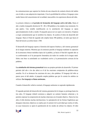 las comunicaciones que superan los límites de una situación de contacto directo del adulto
con el niño es una adquisición importante. Crea la posibilidad de utilizar el lenguaje como
medio básico del conocimiento de la realidad, inaccesible a la experiencia directa del niño.

La primera infancia es el período de formación del lenguaje activo del niño. Hasta el
año y medio el pequeño domina de 30 - 40 a 100 palabras y las emplea muy raramente. Es
aún pasivo. Una notable modificación en la asimilación del lenguaje se opera
aproximadamente al año y medio. El pequeño pasa a ser un sujeto con iniciativa. Empieza
a exigir constantemente que le nombren los objetos. Se acelera el ritmo de desarrollo del
lenguaje. Hacia el final de segundo año emplea hasta 300 palabras, en tanto que hacia el
final del tercero ya utiliza hasta 1.500.

El desarrollo del lenguaje supone el dominio del aspecto fonético y del sistema gramatical
de la lengua materna. Mientras que al comienzo percibe el lenguaje mediante la captación
de la estructura rítmico-melódica típica de la palabra, ya hacia el final del segundo año se
va conformando en él la percepción fonemática de todos los sonidos de la lengua natal.
Sobre esta base va asimilando un vocabulario activo y la pronunciación correcta de las
palabras.

La asimilación del sistema gramatical tiene sus propios períodos de desarrollo. El primer
período (del año a los dos años) es el de las oraciones compuestas de palabras-raíces
amorfas. En él se destacan las oraciones de una y dos palabras. El lenguaje del niño se
parece poco al del adulto: el pequeño emplea palabras que por lo común los adultos no
utilizan. Ese lenguaje se llama autónomo.

Cuando el desarrollo verbal es normal, el lenguaje autónomo es superado rápidamente.

El segundo período del desarrollo del sistema gramatical de la lengua se prolonga hasta los
tres años. El lenguaje infantil comienza a adquirir un carácter bastante coherente y le
permite expresar la comprensión de muchas relaciones en el mundo objetivo. Hacia los tres
años el niño domina muchas declinaciones. La apropiación de las formas lingüísticas que
designan relaciones objetivas se explica por el carácter de la actividad que realiza el niño,
en cuyo transcurso se opera la aprehensión de los modos de utilizar los objetos. El niño
53
MSc. Moisés Logroño G.

 