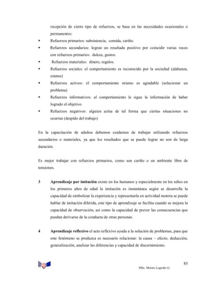 recepción de cierto tipo de refuerzos, se basa en las necesidades ocasionales o
permanentes:


Refuerzos primarios: subsistencia, comida, cariño.



Refuerzos secundarios: logran un resultado positivo por coincidir varias veces
con refuerzos primarios: dulces, gustos.



Refuerzos materiales: dinero, regalos.



Refuerzos sociales: el comportamiento es reconocido por la sociedad (alabanza,
estatus)



Refuerzos activos: el comportamiento mismo es agradable (solucionar un
problema)



Refuerzos informativos: al comportamiento le sigue la información de haber
logrado el objetivo.



Refuerzos negativos: alguien actúa de tal forma que ciertas situaciones no
ocurran (despido del trabajo)

En la capacitación de adultos debemos cuidarnos de trabajar utilizando refuerzos
secundarios o materiales, ya que los resultados que se puede lograr no son de larga
duración.

Es mejor trabajar con refuerzos primarios, como son cariño o un ambiente libre de
tensiones.

3

Aprendizaje por imitación existe en los humanos y especialmente en los niños en
los primeros años de edad la imitación es instantánea según se desarrolla la
capacidad de simbolizar la experiencia y representarla en actividad motora se puede
hablar de imitación diferida, este tipo de aprendizaje se facilita cuando se mejora la
capacidad de observación, así como la capacidad de prever las consecuencias que
puedan derivarse de la conducta de otras personas.

4

Aprendizaje reflexivo el acto reflexivo ayuda a la solución de problemas, para que
este fenómeno se produzca es necesario relacionar: la causa – efecto, deducción,
generalización, analizar las diferencias y capacidad de discernimiento.

85
MSc. Moisés Logroño G.

 