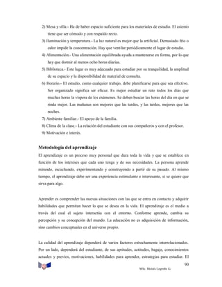 2) Mesa y silla.- Ha de haber espacio suficiente para los materiales de estudio. El asiento
tiene que ser cómodo y con respaldo recto.
3) Iluminación y temperatura.- La luz natural es mejor que la artificial. Demasiado frío o
calor impide la concentración. Hay que ventilar periódicamente el lugar de estudio.
4) Alimentación.- Una alimentación equilibrada ayuda a mantenerse en forma, por lo que
hay que dormir al menos ocho horas diarias.
5) Biblioteca.- Este lugar es muy adecuado para estudiar por su tranquilidad, la amplitud
de su espacio y la disponibilidad de material de consulta.
6) Horario.- El estudio, como cualquier trabajo, debe planificarse para que sea efectivo.
Ser organizado significa ser eficaz. Es mejor estudiar un rato todos los días que
muchas horas la víspera de los exámenes. Se deben buscar las horas del día en que se
rinda mejor. Las mañanas son mejores que las tardes, y las tardes, mejores que las
noches.
7) Ambiente familiar.- El apoyo de la familia.
8) Clima de la clase.- La relación del estudiante con sus compañeros y con el profesor.
9) Motivación e interés.

Metodología del aprendizaje
El aprendizaje es un proceso muy personal que dura toda la vida y que se establece en
función de los intereses que cada uno tenga y de sus necesidades. La persona aprende
mirando, escuchando, experimentando y construyendo a partir de su pasado. Al mismo
tiempo, el aprendizaje debe ser una experiencia estimulante e interesante, si se quiere que
sirva para algo.

Aprender es comprender las nuevas situaciones con las que se entra en contacto y adquirir
habilidades que permitan hacer lo que se desea en la vida. El aprendizaje es el medio a
través del cual el sujeto interactúa con el entorno. Conforme aprende, cambia su
percepción y su concepción del mundo. La educación no es adquisición de información,
sino cambios conceptuales en el universo propio.

La calidad del aprendizaje dependerá de varios factores estrechamente interrelacionados.
Por un lado, dependerá del estudiante, de sus aptitudes, actitudes, bagaje, conocimientos
actuales y previos, motivaciones, habilidades para aprender, estrategias para estudiar. El
90
MSc. Moisés Logroño G.

 