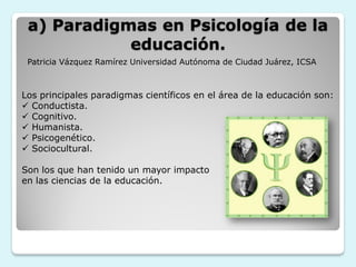 a) Paradigmas en Psicología de la
            educación.
 Patricia Vázquez Ramírez Universidad Autónoma de Ciudad Juárez, ICSA



Los principales paradigmas científicos en el área de la educación son:
 Conductista.
 Cognitivo.
 Humanista.
 Psicogenético.
 Sociocultural.

Son los que han tenido un mayor impacto
en las ciencias de la educación.
 