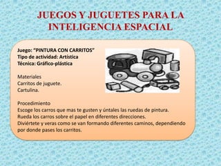 JUEGOS Y JUGUETES PARA LA
          INTELIGENCIA ESPACIAL

Juego: “PINTURA CON CARRITOS”
Tipo de actividad: Artística
Técnica: Gráfico-plástica

Materiales
Carritos de juguete.
Cartulina.

Procedimiento
Escoge los carros que mas te gusten y úntales las ruedas de pintura.
Rueda los carros sobre el papel en diferentes direcciones.
Diviértete y veras como se van formando diferentes caminos, dependiendo
por donde pases los carritos.
 