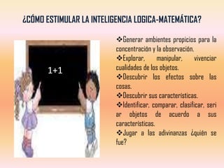 ¿CÓMO ESTIMULAR LA INTELIGENCIA LOGICA-MATEMÁTICA?

                          Generar ambientes propicios para la
                          concentración y la observación.
                          Explorar,       manipular,     vivenciar
       1+1                cualidades de los objetos.
                          Descubrir los efectos sobre las
                          cosas.
                          Descubrir sus características.
                          Identificar, comparar, clasificar, seri
                          ar objetos de acuerdo a sus
                          características.
                          Jugar a las adivinanzas ¿quién se
                          fue?
 