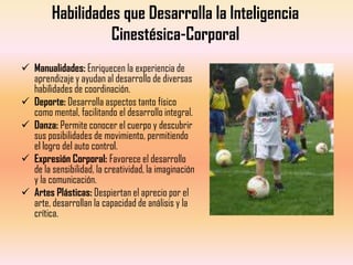 Habilidades que Desarrolla la Inteligencia
                   Cinestésica-Corporal
 Manualidades: Enriquecen la experiencia de
  aprendizaje y ayudan al desarrollo de diversas
  habilidades de coordinación.
 Deporte: Desarrolla aspectos tanto físico
  como mental, facilitando el desarrollo integral.
 Danza: Permite conocer el cuerpo y descubrir
  sus posibilidades de movimiento, permitiendo
  el logro del auto control.
 Expresión Corporal: Favorece el desarrollo
  de la sensibilidad, la creatividad, la imaginación
  y la comunicación.
 Artes Plásticas: Despiertan el aprecio por el
  arte, desarrollan la capacidad de análisis y la
  crítica.
 