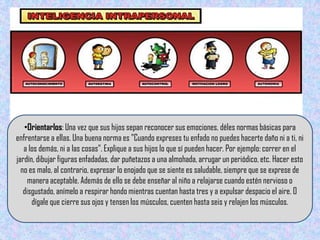 •Orientarlos: Una vez que sus hijos sepan reconocer sus emociones, déles normas básicas para
enfrentarse a ellas. Una buena norma es "Cuando expreses tu enfado no puedes hacerte daño ni a ti, ni
   a los demás, ni a las cosas”. Explique a sus hijos lo que sí pueden hacer. Por ejemplo: correr en el
jardín, dibujar figuras enfadadas, dar puñetazos a una almohada, arrugar un periódico, etc. Hacer esto
  no es malo, al contrario, expresar lo enojado que se siente es saludable, siempre que se exprese de
     manera aceptable. Además de ello se debe enseñar al niño a relajarse cuando estén nervioso o
   disgustado, anímelo a respirar hondo mientras cuentan hasta tres y a expulsar despacio el aire. O
      dígale que cierre sus ojos y tensen los músculos, cuenten hasta seis y relajen los músculos.
 