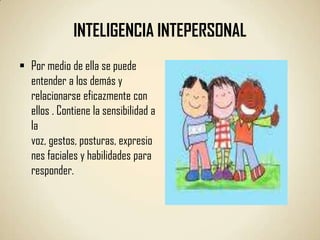 INTELIGENCIA INTEPERSONAL
 Por medio de ella se puede
  entender a los demás y
  relacionarse eficazmente con
  ellos . Contiene la sensibilidad a
  la
  voz, gestos, posturas, expresio
  nes faciales y habilidades para
  responder.
 
