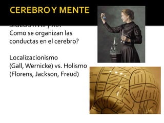 SIGLOS XVIII y XIX
Como se organizan las
conductas en el cerebro?
Localizacionismo
(Gall,Wernicke) vs. Holismo
(Florens, Jackson, Freud)
 