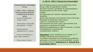 Fundamentación Criminológica
Forense
1.- DSM V. F60 T. Antisocial -
Patrón general de desprecio
y violación de los derechos
ajenos
- Fracaso de adaptación a
normas sociales
- Impulsividad e incapacidad
para planificar el futuro
- Despreocupación
imprudente por él y demás
- Falta de remordimientos (
robos, daños, maltratos)
- Tener al menos 18 años
2.- CIE 10 – F60.2 T. Disocial de la Personalidad
a) Cruel despreocupación por los sentimientos de los
demás y falta de capacidad de empatía.
b) Actitud marcada y persistente de irresponsabilidad y
despreocupación por las normas, reglas
sociales.
c) Incapacidad para mantener relaciones personales
duraderas.
d) Muy baja tolerancia a la frustración o bajo umbral para
descargas de agresividad, dando incluso
lugar a un comportamiento violento.
e) Incapacidad para sentir culpa y para aprender de la
experiencia, en particular del castigo.
f) Marcada predisposición a culpar a los demás o a ofrecer
racionalizaciones verosímiles del
comportamiento conflictivo.
Diagnóstico: De los resultados de las pruebas e H. C.
emergen indicadores que se relacionan con
los criterios propuestos por los organismos académicos
pertinentes y en función a la norma del MINSA , es decir
de acuerdo al CIE 10 : Presenta un T. P. Disocial de la
personalidad ( F60. 2)
 