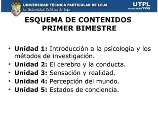ESQUEMA DE CONTENIDOS
        PRIMER BIMESTRE

• Unidad 1: Introducción a la psicología y los
  métodos de investigación.
• Unidad 2: El cerebro y la conducta.
• Unidad 3: Sensación y realidad.
• Unidad 4: Percepción del mundo.
• Unidad 5: Estados de conciencia.
 