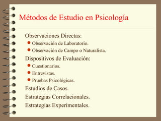 Métodos de Estudio en Psicología

 Observaciones Directas:
  Observación de Laboratorio.
  Observación de Campo o Naturalista.
 Dispositivos de Evaluación:
  Cuestionarios.
  Entrevistas.
  Pruebas Psicológicas.
 Estudios de Casos.
 Estrategias Correlacionales.
 Estrategias Experimentales.
 