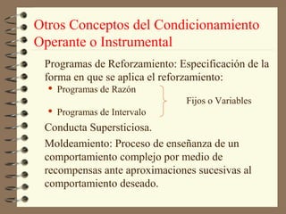 Otros Conceptos del Condicionamiento
Operante o Instrumental
 Programas de Reforzamiento: Especificación de la
 forma en que se aplica el reforzamiento:
     Programas de Razón
                               Fijos o Variables
     Programas de Intervalo
 Conducta Supersticiosa.
 Moldeamiento: Proceso de enseñanza de un
 comportamiento complejo por medio de
 recompensas ante aproximaciones sucesivas al
 comportamiento deseado.
 