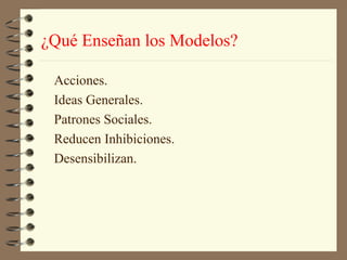 ¿Qué Enseñan los Modelos?

 Acciones.
 Ideas Generales.
 Patrones Sociales.
 Reducen Inhibiciones.
 Desensibilizan.
 