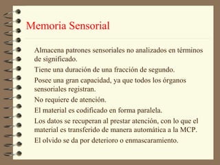 Memoria Sensorial

 Almacena patrones sensoriales no analizados en términos
 de significado.
 Tiene una duración de una fracción de segundo.
 Posee una gran capacidad, ya que todos los órganos
 sensoriales registran.
 No requiere de atención.
 El material es codificado en forma paralela.
 Los datos se recuperan al prestar atención, con lo que el
 material es transferido de manera automática a la MCP.
 El olvido se da por deterioro o enmascaramiento.
 