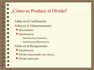 ¿Cómo se Produce el Olvido?

 Fallas en la Codificación.
 Fallas en el Almacenamiento:
  Decaimiento.
  Interferencia:
     • Interferencia Proactiva.
     • Interferencia Retroactiva.
 Fallas en la Recuperación:
  Interferencia.
  Olvido relacionado con claves.
  Olvido motivado.
 