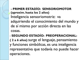 - PRIMER ESTADÍO:  SENSORIOMOTOR (aproxim. hasta los 2 años) Inteligencia sensoriomotriz:  va adquiriendo el conocimiento del mundo y de sí mismo por acción directa en las cosas.   -  SEGUNDO ESTADÍO:  PREOPERACIONAL:  ( 2 a 6 años)  surge el lenguaje, pensamiento y funciones simbólicas, es una inteligencia representativa que todavía no puede hacer operaciones. 
