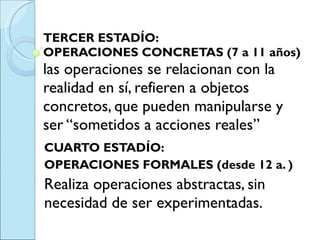 TERCER ESTADÍO:  OPERACIONES CONCRETAS (7 a 11 años) las operaciones se relacionan con la realidad en sí, refieren a objetos concretos, que pueden manipularse y ser “sometidos a acciones reales” CUARTO ESTADÍO: OPERACIONES FORMALES (desde 12 a. )  Realiza operaciones abstractas, sin necesidad de ser experimentadas. 