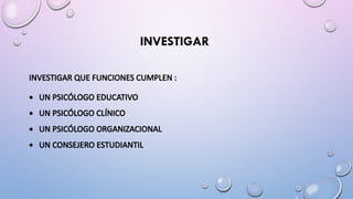 INVESTIGAR
INVESTIGAR QUE FUNCIONES CUMPLEN :
 UN PSICÓLOGO EDUCATIVO
 UN PSICÓLOGO CLÍNICO
 UN PSICÓLOGO ORGANIZACIONAL
 UN CONSEJERO ESTUDIANTIL
 