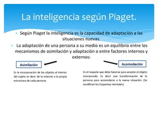 ∗ Según Piaget la inteligencia es la capacidad de adaptación a las
situaciones nuevas.
∗ La adaptación de una persona a su medio es un equilibrio entre los
mecanismos de asimilación y adaptación o entre factores internos y
externos:
La inteligencia según Piaget.
 