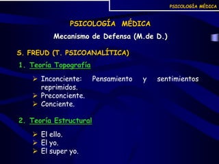 PSICOLOGÍA MÉDICA PSICOLOGÍA  MÉDICA  Mecanismo de Defensa (M.de D.) S. FREUD (T. PSICOANALÍTICA) Teoría Topografía  ,[object Object]