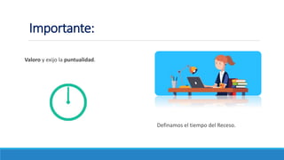 Importante:
Valoro y exijo la puntualidad.
Definamos el tiempo del Receso.
 