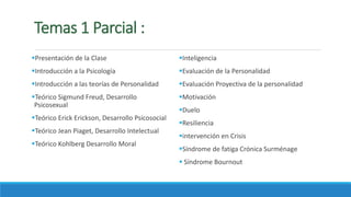 Temas 1 Parcial :
Presentación de la Clase
Introducción a la Psicología
Introducción a las teorías de Personalidad
Teórico Sigmund Freud, Desarrollo
Psicosexual
Teórico Erick Erickson, Desarrollo Psicosocial
Teórico Jean Piaget, Desarrollo Intelectual
Teórico Kohlberg Desarrollo Moral
Inteligencia
Evaluación de la Personalidad
Evaluación Proyectiva de la personalidad
Motivación
Duelo
Resiliencia
intervención en Crisis
Síndrome de fatiga Crónica Surménage
 Síndrome Bournout
 