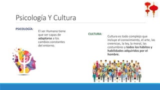 Psicología Y Cultura
PSICOLOGÍA:
El ser Humano tiene
que ser capas de
adaptarse a los
cambios constantes
del entorno.
CULTURA:
Cultura es todo complejo que
incluye el conocimiento, el arte, las
creencias, la ley, la moral, las
costumbres y todos los hábitos y
habilidades adquiridos por el
hombre.
 