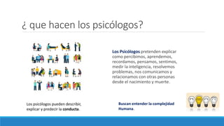 ¿ que hacen los psicólogos?
Los Psicólogos pretenden explicar
como percibimos, aprendemos,
recordamos, pensamos, sentimos,
medir la inteligencia, resolvemos
problemas, nos comunicamos y
relacionamos con otras personas
desde el nacimiento y muerte.
Los psicólogos pueden describir,
explicar y predecir la conducta.
Buscan entender la complejidad
Humana.
 