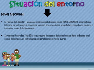 Nivel Nacional:
• En Palmira, Cali, Bogotá y Fusagasuga encontramos la Hipnosis clínica, MENTE ARMONIOSA, encargados de
la terapia para el manejo de emociones, ansiedad, bruxismo, duelos, acumuladores compulsivos, mentiras e
insomnio a través de la hipnoterapia.
• Se realiza el festiva Eco Yoga 2014, en su mayoría de veces se da hacia el mes de Mayo, en Bogotá, en el
parque de los novios, un festival apropiado para la conexión mente-cuerpo.
 