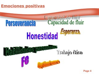 Emociones positivas Optimismo Habilidades personales Fe Trabajo ético Esperanza Honestidad Perseverancia Capacidad de fluir