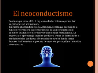 El neoconductismo
Sostiene que entre el E - R hay un mediador interno que son las
cogniciones del ser humano.
En cuanto al aprendizaje social, Bandura, señala que además de la
función reforzadora, las consecuencias de una conducta social
cumplen una función informativa y una función motivacional. La
mayoría del aprendizaje social se produce a través de la imitación o
modelaje de las conductas observadas en otro en donde varios
factores inciden sobre el proceso de atención, percepción e imitación
de conductas.
 