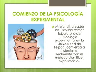 COMIENZO DE LA PSICOLOGÍA
EXPERIMENTAL
 W.

Wundt, creador
en 1879 del primer
laboratorio de
Psicología
experimental en la
Universidad de
Leipzig, comienza a
estudiarse
realmente con el
método científicoexperimental.

 