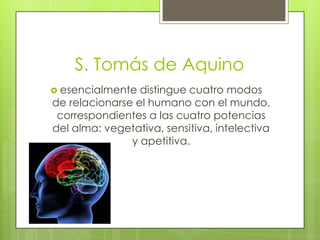 S. Tomás de Aquino
 esencialmente

distingue cuatro modos
de relacionarse el humano con el mundo,
correspondientes a las cuatro potencias
del alma: vegetativa, sensitiva, intelectiva
y apetitiva.

 