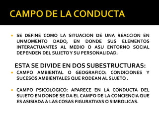  SE DEFINE COMO LA SITUACION DE UNA REACCION EN
UNMOMENTO DADO, EN DONDE SUS ELEMENTOS
INTERACTUANTES AL MEDIO O ASU ENTORNO SOCIAL
DEPENDEN DEL SUJETOY SU PERSONALIDAD.
ESTA SE DIVIDE EN DOS SUBESTRUCTURAS:
 CAMPO AMBIENTAL O GEOGRAFICO: CONDICIONES Y
SUCESOS AMBIENTALES QUE RODEAN AL SUJETO .
 CAMPO PSICOLOGICO: APARECE EN LA CONDUCTA DEL
SUJETO EN DONDE SE DA EL CAMPO DE LA CONCIENCIA QUE
ES ASISIADA A LAS COSAS FIGURATIVAS O SIMBOLICAS.
 