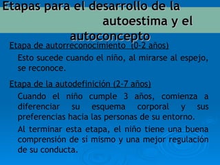 Etapa de autorreconocimiento  (0-2 años) Esto sucede cuando el niño, al mirarse al espejo, se reconoce. Etapa de la autodefinición (2-7 años) Cuando el niño cumple 3 años, comienza a diferenciar su esquema corporal y sus preferencias hacia las personas de su entorno. Al terminar esta etapa, el niño tiene una buena comprensión de sí mismo y una mejor regulación de su conducta.  Etapas para el desarrollo de la  autoestima y el autoconcepto 