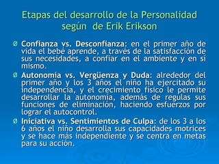 Etapas del desarrollo de la Personalidad según  de Erik Erikson Confianza vs. Desconfianza : en el primer año de vida el bebé aprende, a través de la satisfacción de sus necesidades, a confiar en el ambiente y en sí mismo. Autonomía vs. Vergüenza y Duda : alrededor del primer año y los 3 años el niño ha ejercitado su independencia, y el crecimiento físico le permite desarrollar la autonomía, además de regulas sus funciones de eliminación, haciendo esfuerzos por lograr el autocontrol. Iniciativa vs. Sentimientos de Culpa : de los 3 a los 6 años el niño desarrolla sus capacidades motrices y se hace más independiente y se centra en metas para su acción. 