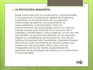    LA PSICOLOGIA HUMANISTA:

    Surge como reacción al conductismo y al psicoanálisis
    y se propone la consideración global de la persona,
    basándose en la acentuación en sus aspectos
    existenciales (la libertad, el conocimiento, la
    responsabilidad, la historicidad). Critica el
    posicionamiento de la psicología como una ciencia
    natural, porque este reduciría al ser humano sólo a
    variables cuantificables y critica además, en el caso del
    psicoanálisis, la excesiva focalización en los aspectos
    negativos y patológicos de las personas. Uno de los
    teóricos humanistas más importantes, Abraham Maslow,
    denominó a este movimiento «la tercera fuerza», por
    tratarse de una propuesta crítica, pero a la vez
    integradora de las dos teorías (aparentemente
    opuestas) de la psicología de la época: el conductismo
    y el psicoanálisis.
 