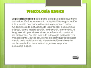 PISICOLOGÍA BASICA
La psicología básica es la parte de la psicología que tiene
como función fundamental la recopilación y organización
estructurada de conocimientos nuevos acerca de los
fundamentos de actuación de los procesos psicológicos
básicos, como la percepción, la atención, la memoria, el
lenguaje, el aprendizaje, el razonamiento y la resolución
de problemas. Por otra parte, la psicología aplicada (ver
más adelante), busca solucionar problemas prácticos por
medio de la aplicación y la transformación a diferentes
contextos de los conocimientos generados por la
psicología básica.
 