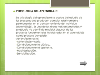    PSICOLOGIA DEL APRENDIZAJE:

    La psicología del aprendizaje se ocupa del estudio de
    los procesos que producen cambios relativamente
    permanentes en el comportamiento del individuo
    (aprendizaje). Es una de las áreas más desarrolladas y
    su estudio ha permitido elucidar algunos de los
    procesos fundamentales involucrados en el aprendizaje
    como proceso completo:
    Aprendizaje social.
    -Aprendizaje vicario.
    -Condicionamiento clásico.
    -Condicionamiento operante.
    -Habitualización.
    -Sencibilización.
 