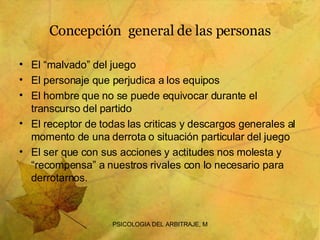 Concepción  general de las personas El “malvado” del juego El personaje que perjudica a los equipos El hombre que no se puede equivocar durante el transcurso del partido El receptor de todas las criticas y descargos generales al momento de una derrota o situación particular del juego El ser que con sus acciones y actitudes nos molesta y “recompensa” a nuestros rivales con lo necesario para derrotarnos. 