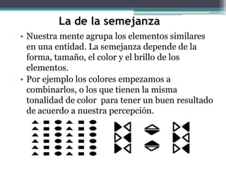La de la semejanza
• Nuestra mente agrupa los elementos similares
en una entidad. La semejanza depende de la
forma, tamaño, el color y el brillo de los
elementos.
• Por ejemplo los colores empezamos a
combinarlos, o los que tienen la misma
tonalidad de color para tener un buen resultado
de acuerdo a nuestra percepción.

 