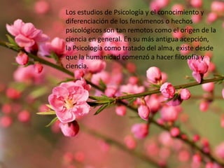 Los estudios de Psicología y el conocimiento y
diferenciación de los fenómenos o hechos
psicológicos son tan remotos como el origen de la
ciencia en general. En su más antigua acepción,
la Psicología como tratado del alma, existe desde
que la humanidad comenzó a hacer filosofía y
ciencia.

 