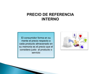 PRECIO DE REFERENCIA
INTERNO
El consumidor forma en su
mente el precio respecto a
cada producto almacenado en
su memoria es el precio que el
considera justo al producto o
servicio
 
