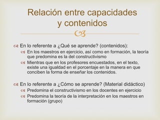 
Relación entre capacidades
y contenidos
 En lo referente a ¿Qué se aprende? (contenidos):
 En los maestros en ejercicio, así como en formación, la teoría
que predomina es la del constructivismo
 Mientras que en los profesores encuestados, en el texto,
existe una igualdad en el porcentaje en la manera en que
conciben la forma de enseñar los contenidos.
 En lo referente a ¿Cómo se aprende? (Material didáctico)
 Predomina el constructivismo en los docentes en ejercicio
 Predomina la teoría de la interpretación en los maestros en
formación (grupo)
 