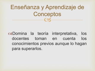 
Domina la teoría interpretativa, los
docentes toman en cuenta los
conocimientos previos aunque lo hagan
para superarlos.
Enseñanza y Aprendizaje de
Conceptos
 
